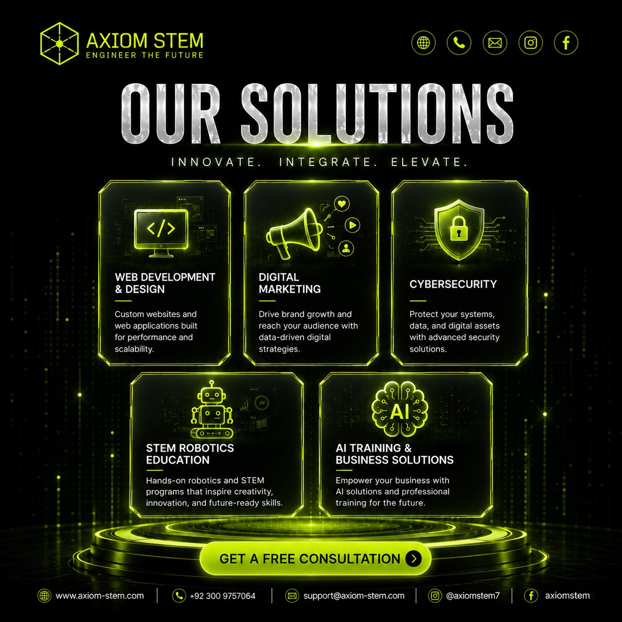 Our Solutions — web development, digital marketing, cybersecurity, STEM robotics, AI training