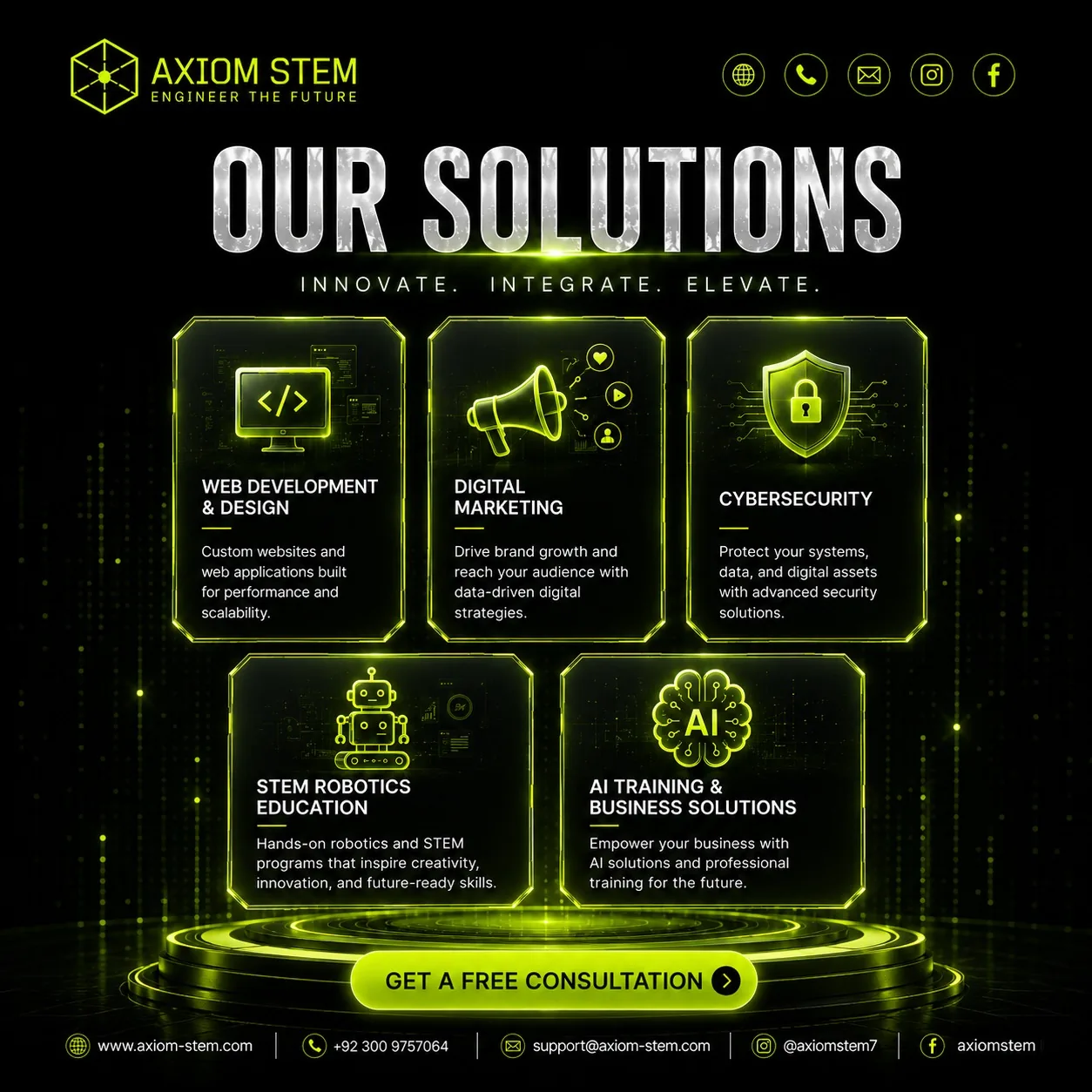Our Solutions — web development, digital marketing, cybersecurity, STEM robotics, AI training